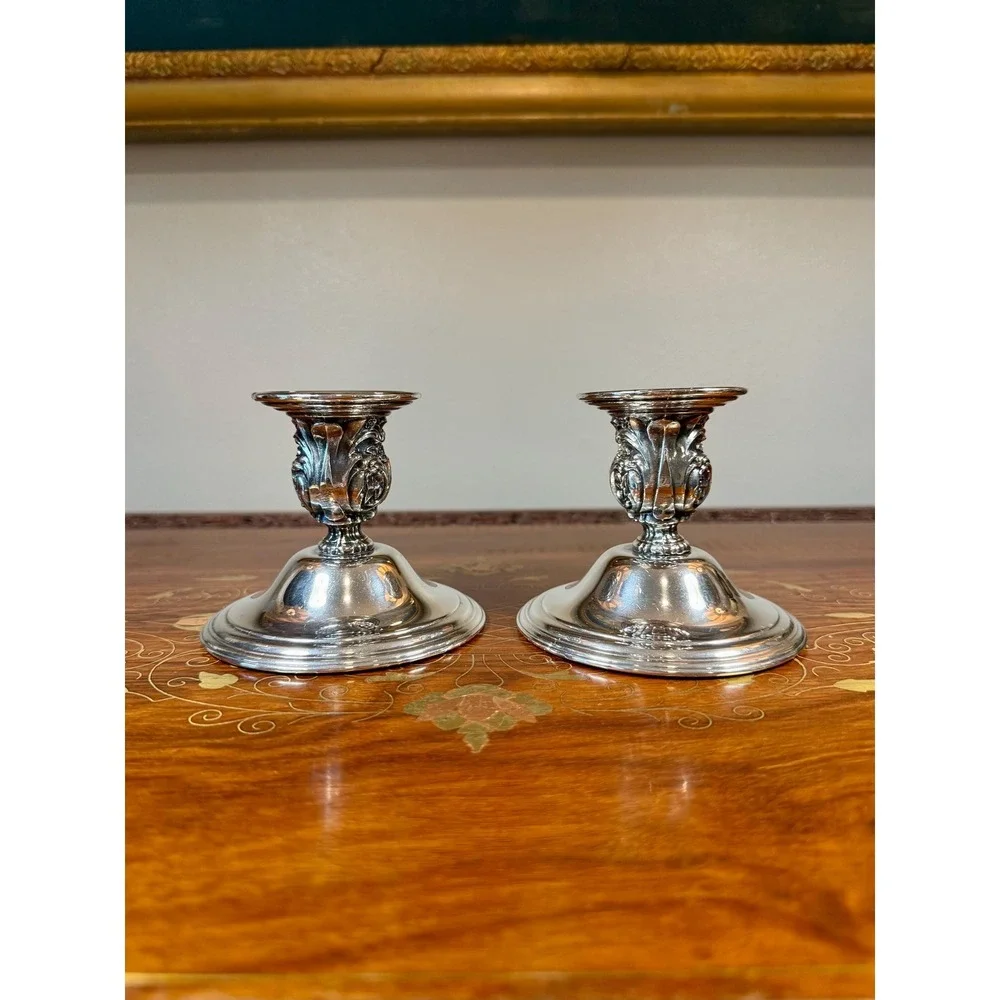 Vintage Wm Rogers Silverplate Candlestick Holders Pair • Victorian Rose Pattern